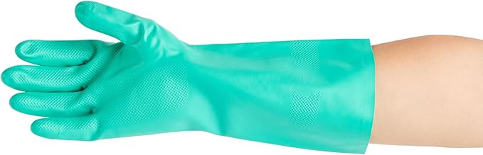 Restaurantware Green Cleaning Gloves 10 Pairs 15 Mil Thick XXL Heavy-Duty Nitrile Gloves With Long Cuff No-Latex Flock Lining For Use In Hospitals, Laboratories, Kitchens and Households
