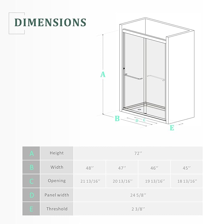 Brushed Gold Glass Shower Door,45~48" W x 72" H Semi-Frameless Glass Door,1/4'' SGCC Tempered Clear Glass Door with Stainless Steel Handles,Reversible Easy Installation Sliding Doors for Bathroom
