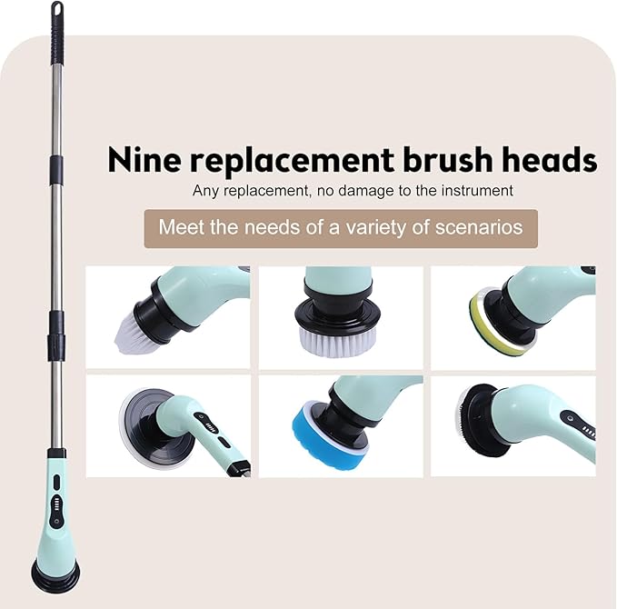 Cordless Spin Scrubber, IPX6 Rated Electric Cleaning Brush w9 Heads and Extension Arm for Bathroom, Tile, Kitchen - Green ABS (6 Replaceable Brush Head)