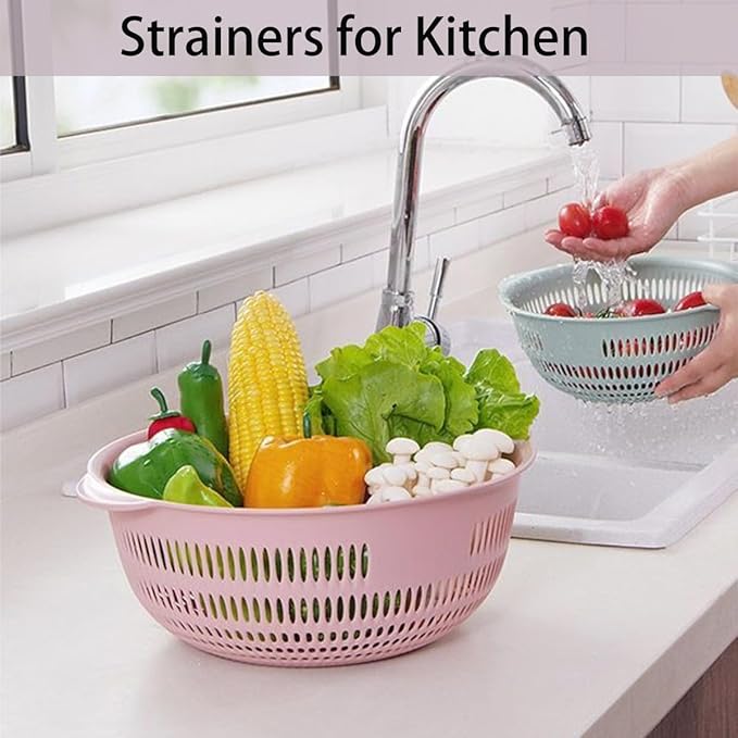 3 Pack Plastic Colander Baskets Mesh Sieve for Rinsing Draining and Air Drying Vegetables Fruits Berries Salad, Diameter 11-inch（Powder)