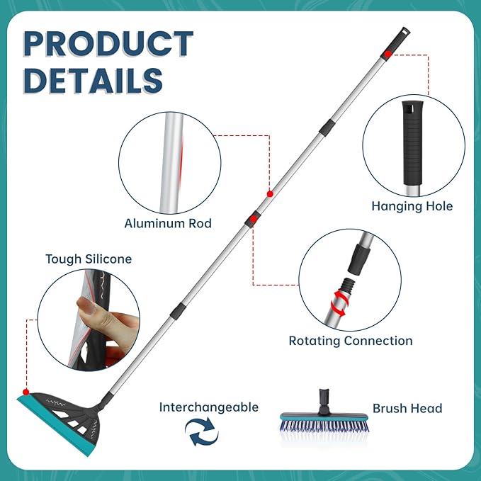 Air Broom for Household Cleaning, Silicone Broom with Adjustable Height&Angle Aluminum Handle, Squeegee Broom for Wet&Dry Messes, Hair, Liquids, Glass, Bathroom, Kitchen on Smooth Floor(Smoky Gray)