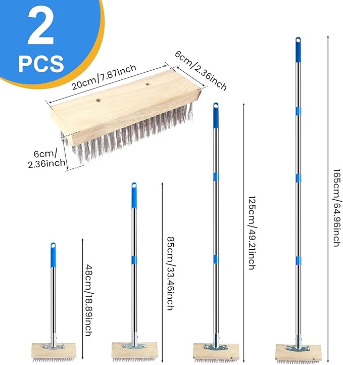 2 Pack Stainless Steel Floor Scrub Brush with 4 Section Detachable Pole, 65” Deck Stain Brush with Long Handle, Push Broom Outdoor Heavy Duty for Concrete Floor Patio Garden Garage Swimming Pool
