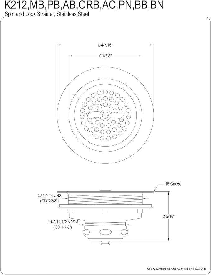 Kingston Brass K212PB Tacoma Kitchen Sink Basket Strainer, Polished Brass