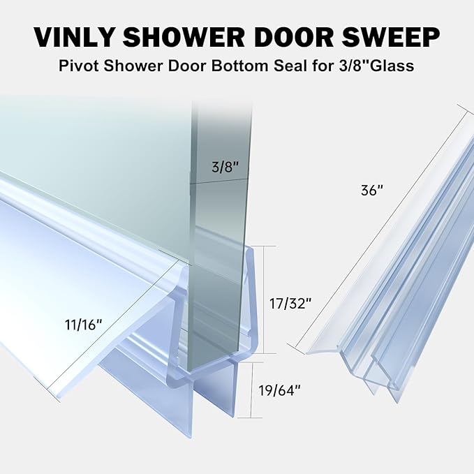 Frameless Glass Shower Door Bottom Seal Strip, Compatible with 3/8" Glass, 36" Shower Door Sweep to Prevent Leaks and Create a Water Barrier,Clear Vinyl Door Seal Strip