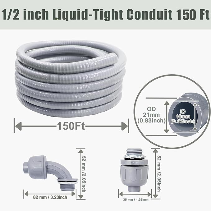Liquid-Tight Conduit and Connector Kit - 1/2 Inch 150 FT Non Metallic Liquid Tight Electrical Conduit with 5 Straight and 5 Angle Fittings