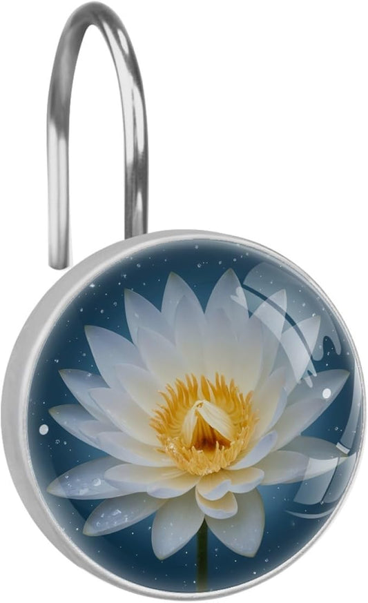 White Lotus Flower Floral Shower Curtain Hooks 12Pcs, Decorative Rust Resistant Shower Rings for Shower Curtain Rods, Stainless Steel Round Curtain Hooks for Bathroom, Bedroom, Farmhouse