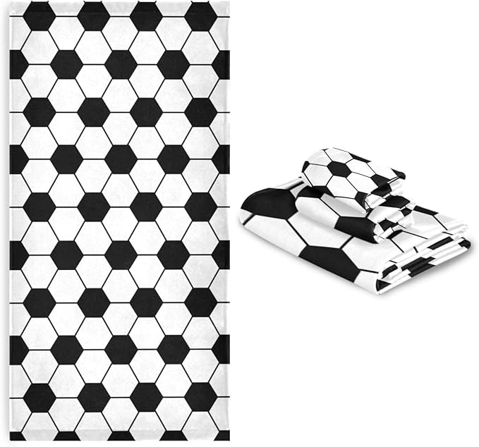 3 Piece Black and White Soccer Bath Towel Set,Microfiber Decorative Soccer Ball Sport Theme Football Print Bathroom Towels,1 Bath Towel 1 Hand Towel for Bathroom Kitchen,1 Washcloth for Face