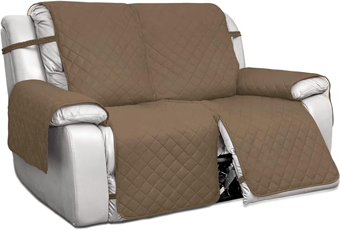PureFit Water Resistant Reversible Sofa Covers for Reclining Sofa 2 Seat - Non Slip Split Recliner Couch Cover for Double Recliner, Washable Furniture Protector for Kids, Dogs (2 Seat, Camel/Ivory)