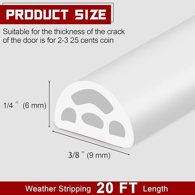 20Ft EPDM Rubber Weather Stripping Door Seal, Self-Adhesive Rubber Window Seal – Soundproof Weather Stripping Door Seal Strip for Doors & Windows(White)