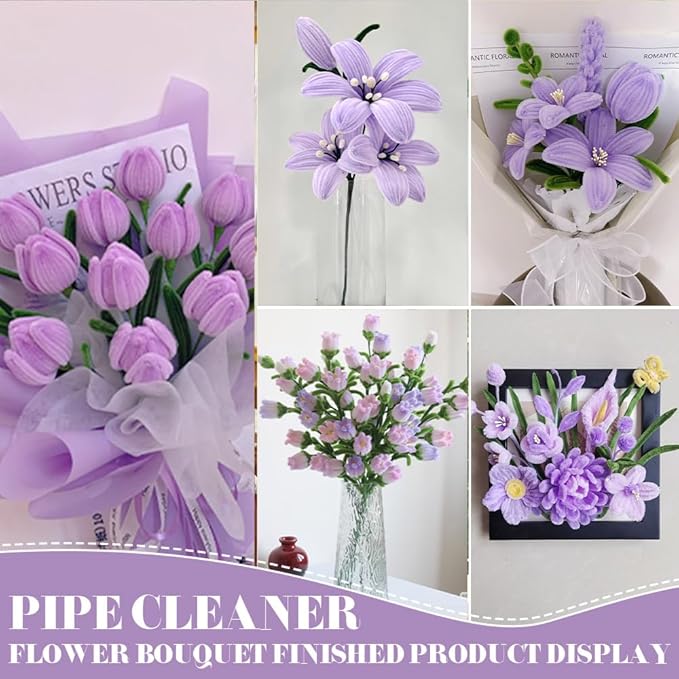 620 Pieces Purple Pipe Cleaners Craft Set, 600 Pcs Chenille Stems with 20 Pcs Flower Stems, Craft Supplies Bulk for DIY Art and Craft Projects Creative Gift Wrapping Party Decorations(Purple Series)