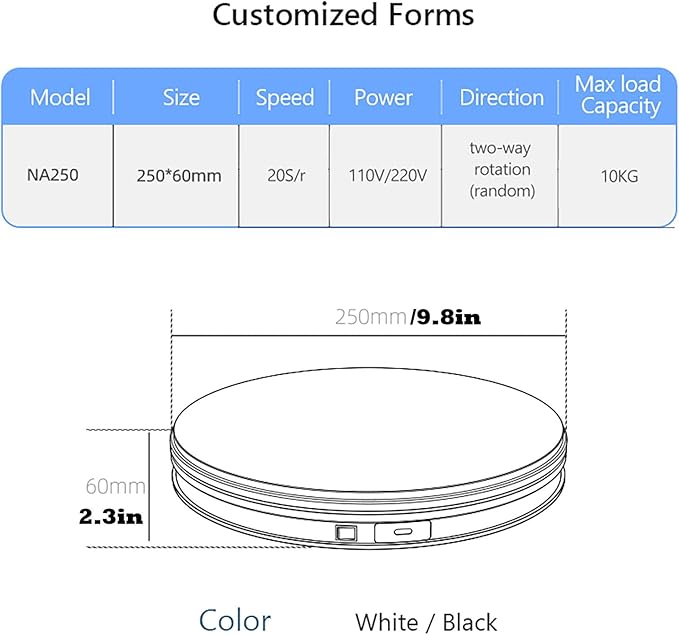 YVV Motorized Rotating Display Stand White 9.8 Inch, 360° Electric Turntable Platform for Photography, 3D Scanning & Product Showcases, Jewelry, Collectibles，22 lbs Load, USB Wired Power
