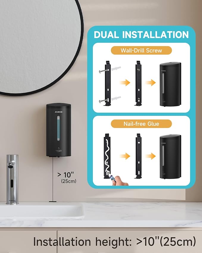 AIKE Automatic Wall Mount Liquid Soap Dispenser, Commercial Stainless Steel with 25oz Large Capacity Save Time Effort and Cost,Model AK1205(Matte Black)