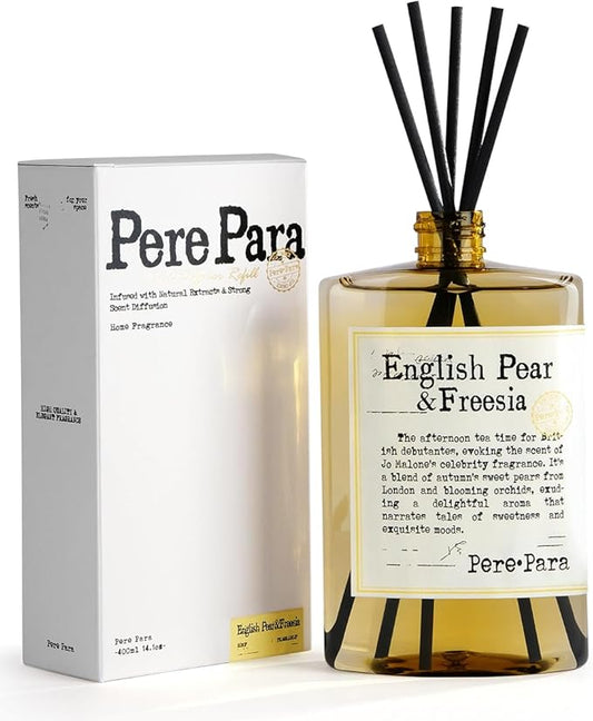 English Pear&Freesia Scent Reed Diffuser Refill 13.53 fl oz with 6 Sticks，【Brighten The Air】 Luxury Natural Long Lasting Home Fragrance Oil Air Freshener for Living Room and Office