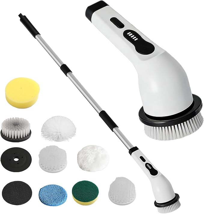 Electric Cleaning Brush, Cordless Rechargeable, 124x14x9cm, Power Scrubber Tool, Household Spïn Brush, Adjustable Handle, for Kitchen Home Shower Floor Tile
