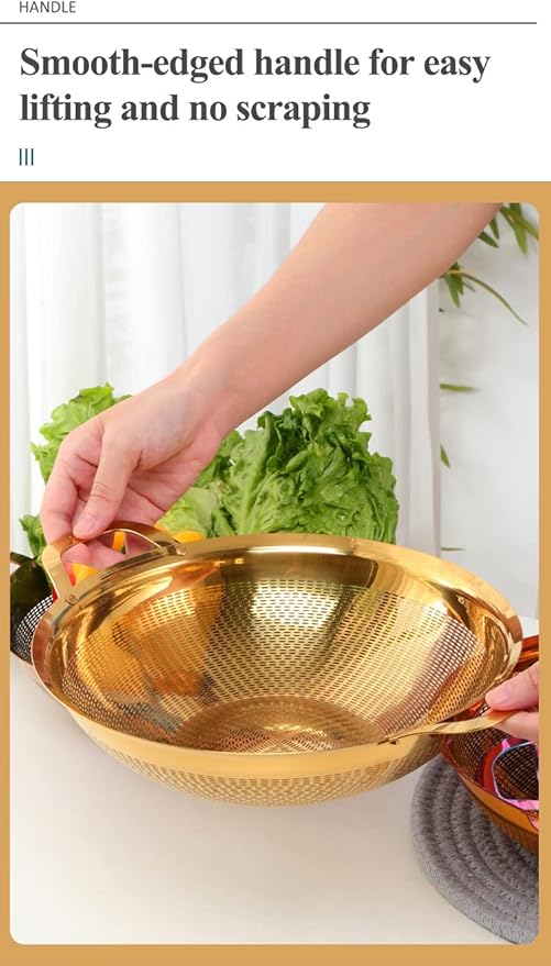 Stainless Steel Colander With Handle and Legs Drain Basket for Pasta, Spaghetti, Berry, Veggies, Fruits, Noodles, Salads, Fruit Colander Strainer Metal Rice Sieve Kitchen Utensils-Rainbow Color