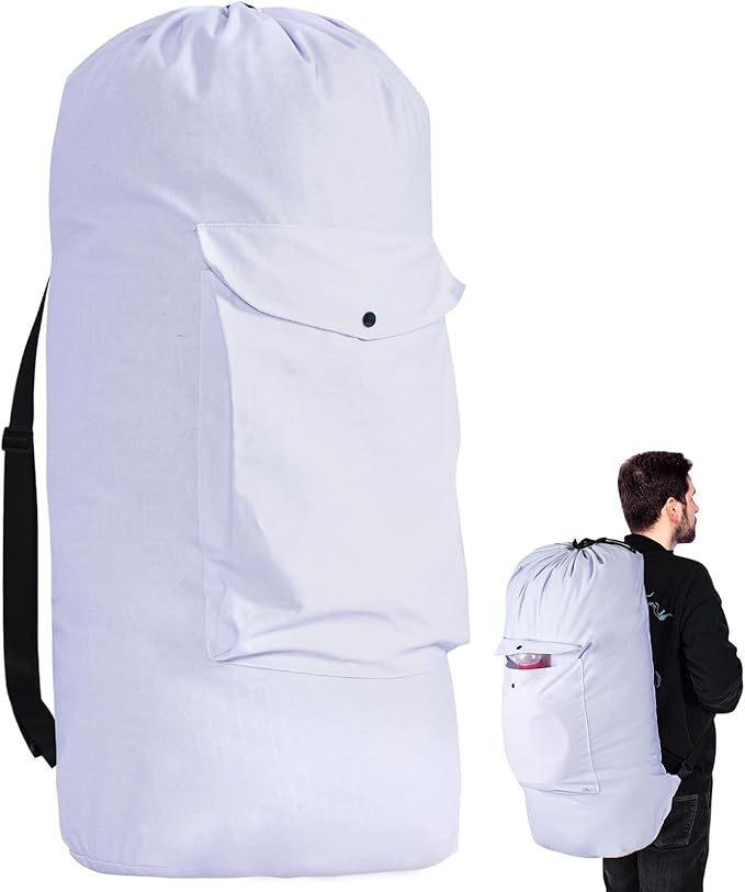 Sanlykate Canvas Backpack Laundry Bag - Extra Large Durable Dirty Clothes 2-3 Days Capacity with Adjustable Shoulder Strap & Front Pocket, for College Dorm, Apartment, Laundromats, Camping Travel