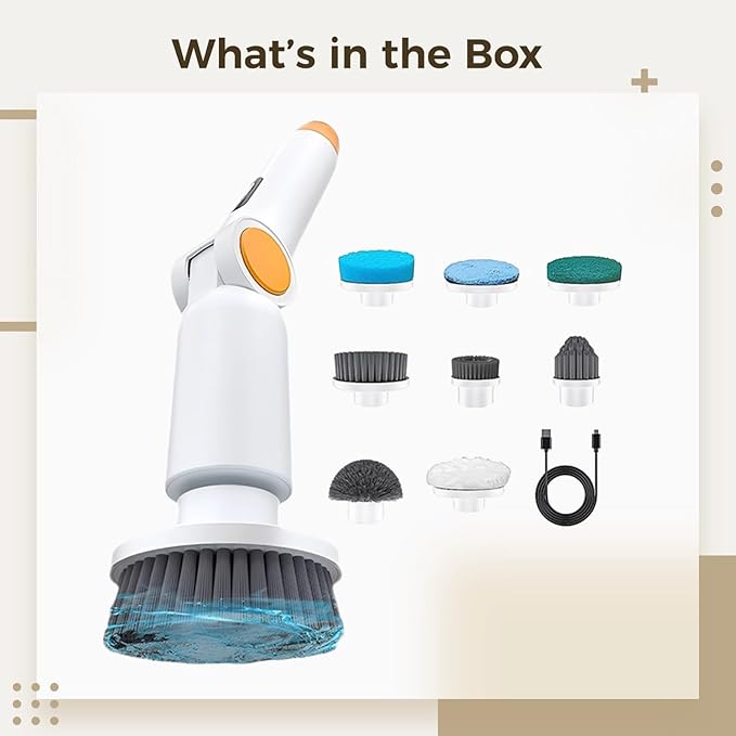 Cordless Electric Spin Scrubber 9-in-1, with Adjustable Arm, 1500Rpm, Digital Display, Ipx7 Waterproof, White and Orange Bathroom Kitchen Cleaning Brush