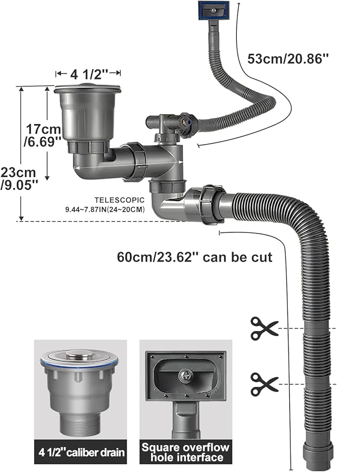 Kitchen Single Sink Drain Kit Space Saving Flexible Pipe 1 1/2" P-Trap with 3-1/2 Inch Sink Drain Assembly Kit 304 Stainless Steel