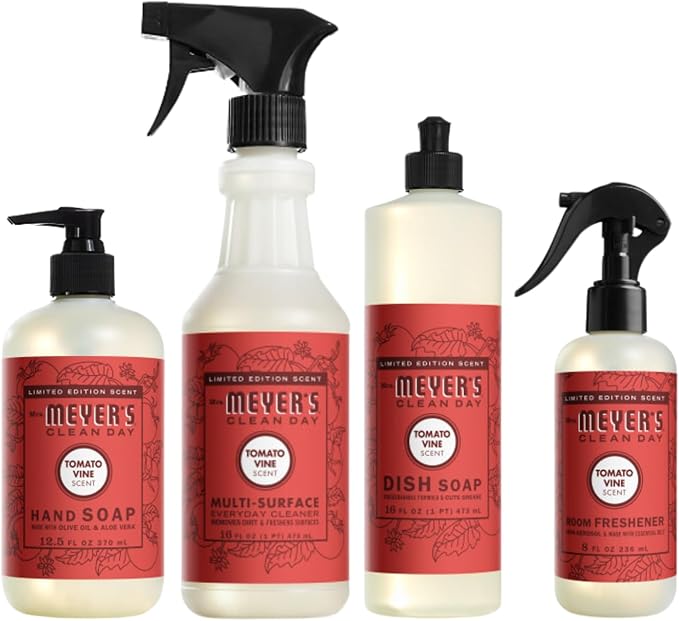 Mrs. MEYER'S Clean Day Tomato Vine Scent Variety Pack, Liquid Hand Soap 12.5 OZ, Liquid Dish Soap 16 OZ, Multi-Surface Cleaner 16 OZ, Room Freshener 8 OZ, 1 CT