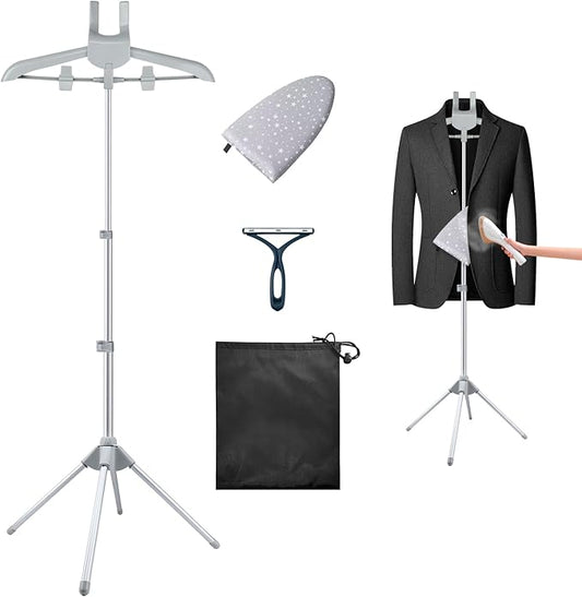 Foldable Garment Steamer Hanger Stand with Ironing Gloves, Adjustable Steamer Rack Included Lint Remover Storage Bag 2 Clips for Suits Shirts Coats Portable Travel Home Use