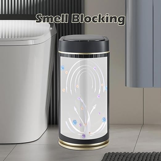 ELPHECO Bathroom Trash Can with Lid 2 Gallon Motion Sensor Garbage Can 7.5 Liter Small Trash can Touchless Bathroom Decor Waterproof Smart Waste Bin with Stripes for Bedroom, Office (Black-Golden)