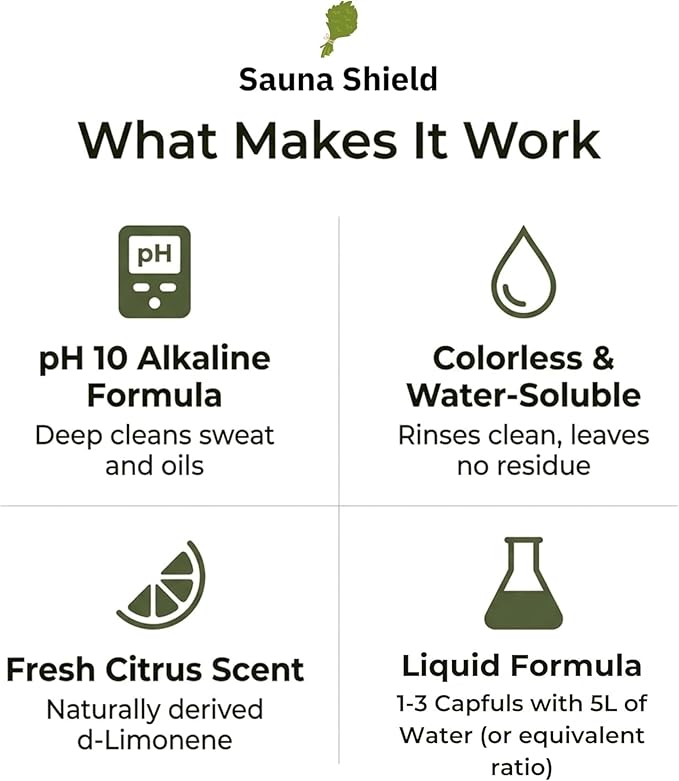 Sauna Cleaner | 67.63 fl oz/2L | Professional-Grade Sauna Wood & Surface Cleaner | Removes Sweat, Oils & Grime | Biodegradable | Citric Scent