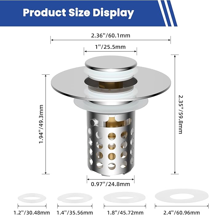 Universal Bathroom Sink Drain Strainer Hair Catcher 4PCS Upgraded with Removable Stainless Steel Filter Basket, 3 in 1 Pop Up Sink Stopper for 1.1''~2.36'' Sink Basin Hole, Chrome