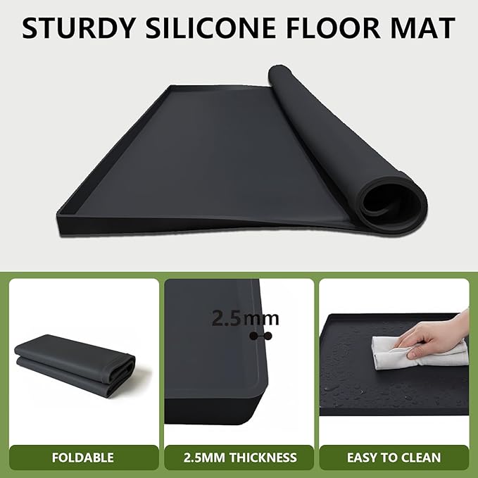 27×27×0.79inch Washing Machine Pan, With Raised Edge Washer Drip Tray, Drain Pan Silicone Mat, Foldable Portable Anti-Vibration Non-Slip Waterproof Pad, Smooth Surface (Black)