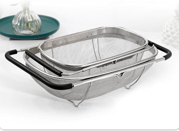 4qt Stainless Steel Oval Strainer Basket Colander, Over The Sink Colander Fine Mesh Expandable, Colander For Kitchen Sink, Vegetables, Strain, Drain, Rinse Fruits (6 Quart Strainer Basket)