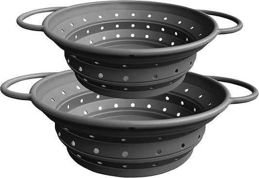 Silicone Collapsible Colander with Handle, Kitchen Colander for Easy Storage,Four-side Fast Draining Silicone Draining Basket, Perfect for Fruits Vegetables (Gray L+M)