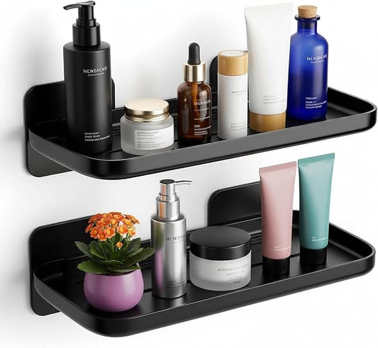 ACEXINYAN 2pc Wall Mounted Floating Shelf, Small Storage Rack with Edge Design, No Drill Shelves for Wall, Floating Shelves Damage-Free Expand Walls Space for Living Room Kitchen Bathroom (Black)