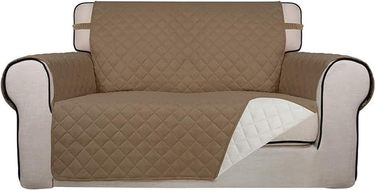 PureFit Reversible Quilted Sofa Cover, Water Resistant Medium Slipcover Furniture Protector, Washable Couch Cover with Non Slip Foam and Elastic Straps for Kids, Dogs, Pets (Loveseat, Camel/Ivory)
