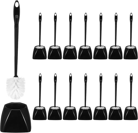 15 Sets Toilet Holder and Brush Set 16.14 Inch Toilet Bowl Cleaner Brush with Caddy Bathroom Scrub Plastic Scrubber with Long Handle for Bathroom Cleaning, Easy to Assemble (Black)