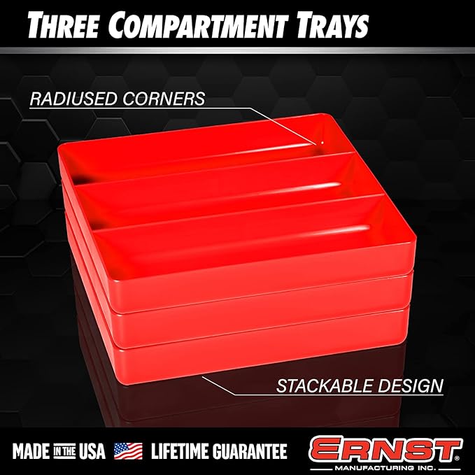 ERNST MFG Tool Garage Organizer Tray, Red, 3-Compartments - Made in the USA