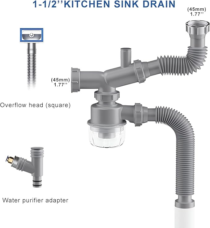 Garbage Disposal Drain Kit, Kitchen Sink P-Trap 1 1/2, Space Saving, Visible, Clog Resistant, Odor Resistant, Easy to Clean Double Sink Drain