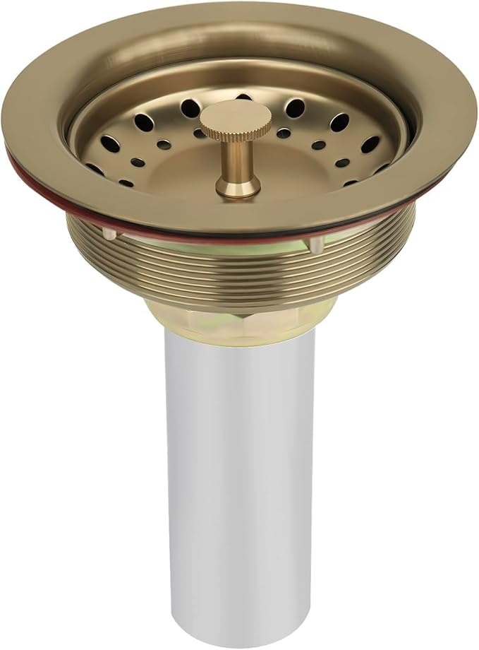 Uni-Green Champagne Bronze Kitchen Sink Drain for Standard 3-1/2 inch Drain - Fit 1-1/2 inch Pipe - Kitchen Sink Drain Strainer Stainless Steel Basket with Knob - Rubber Stopper Bottom