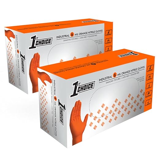 1st Choice 6 mil Orange Gloves, Disposable, Latex Free, Raised Diamond Grip, Mechanic Glove for Men, XLarge, 2 Boxes of 100
