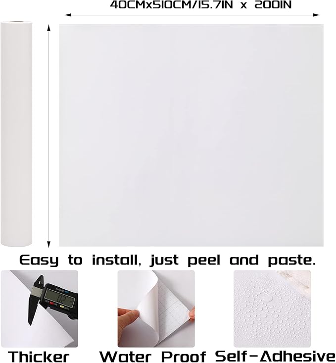 White Contact Paper - 15.7 x 200 Inch Peel and Stick Wallpaper, Matte White Wallpaper, Self Adhesive and Removable Decorative Contact Paper for Cabinets,Stand Liner, Table and Door Makeover Decor