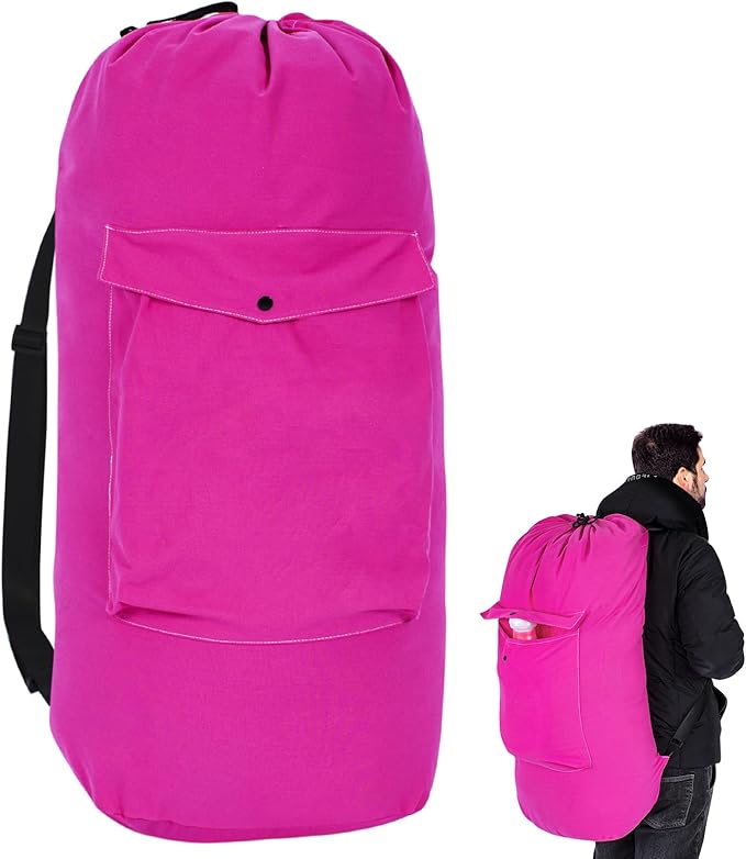 Sanlykate Canvas Backpack Laundry Bag - Extra Large Durable Dirty Clothes 2-3 Days Capacity with Adjustable Shoulder Strap & Front Pocket, for College Dorm, Apartment, Laundromats, Camping Travel