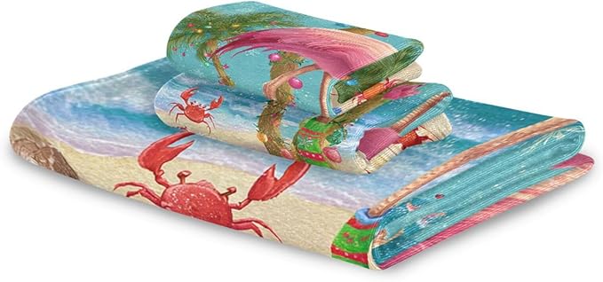 Pfrewn Christmas Winter Towels Set of 3 Christmas Tropical Flamingo Palm Tree Crab Bathroom Towel Soft Absorbent Bath Hand Towels Washcloth Guest Towel Sets Xmas Holiday Decor