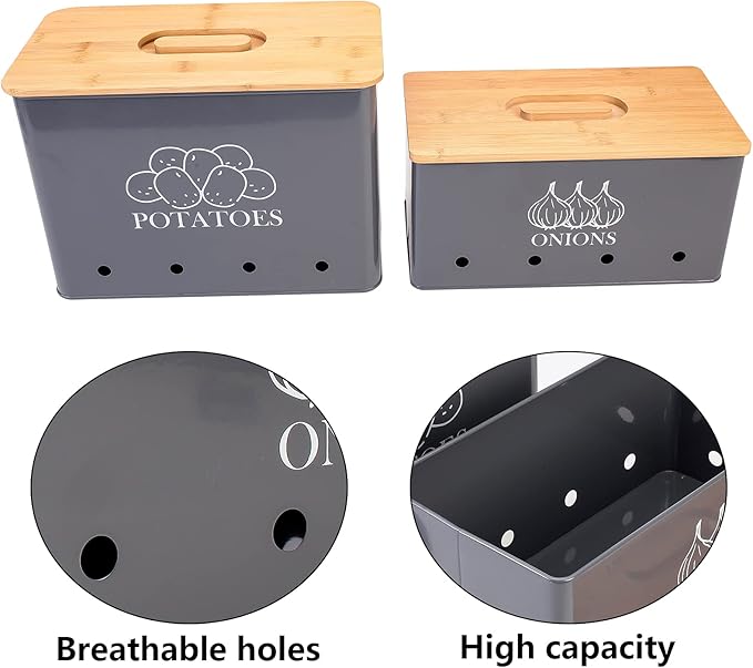 Potato Onion Kitchen Storage Canisters,Storage Bin For Kitchen 2 Pack Set,potatoe, Potato Storage Box，storage And Long Shelf Life With Aerating Tin Storage Holes-gray