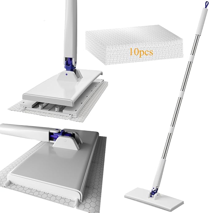 Snap Grip Mop - 49" x 10" Hands Free Floor Cleaner, Cloth Changing Sweeper for Wall and Window, Zero Touch 11-Piece Kit with 10 Disposable Dry Wipes, Dust Mop for Home