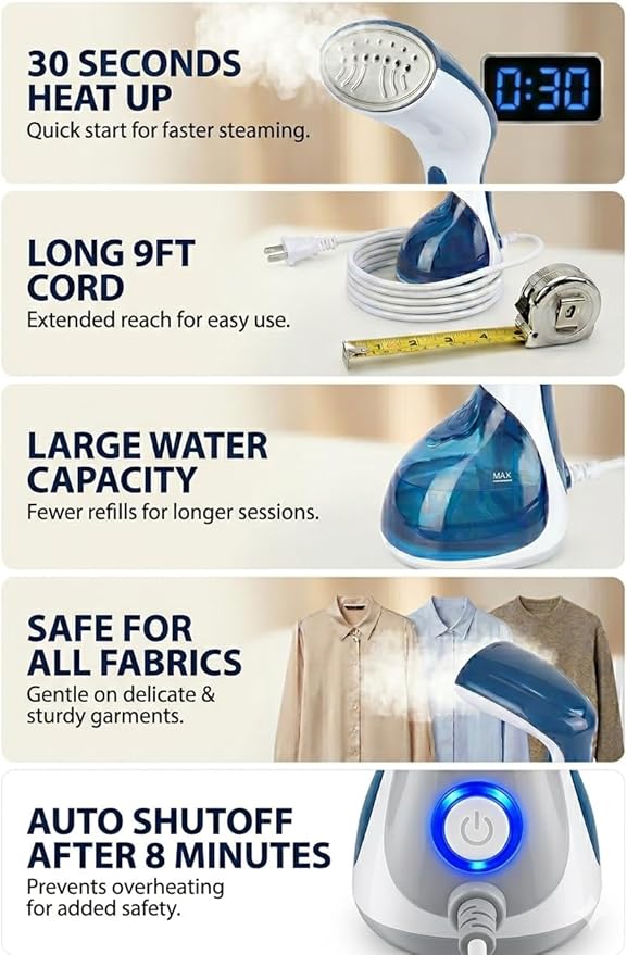 Steamer for Clothes 1200W, Compact Handheld Garment Steamer for Home, Travel, Office. Portable Clothing Steamer with Upgraded Large Capacity Water Tank. Fabric Wrinkle Remover.