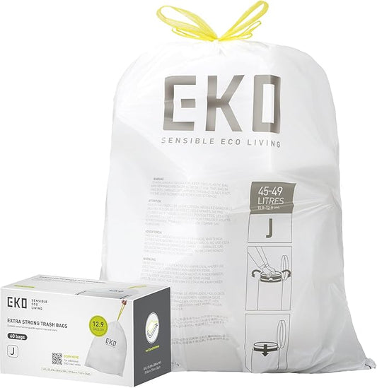 EKO 12.9 Gallon / 45-49 Liter, 60 Count Drawstring Trash Bags, Extra-Strong Unscented Garbage Bags, Easy-Dispense Roll for Kitchen & Household Use, Resists Tears, Leaks and Punctures, Code J, White