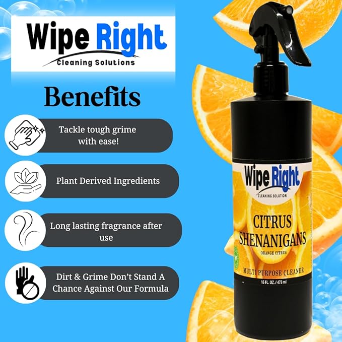 Wipe Right Cleaning Solution- Citrus Shenanigans- Multi Purpose Household Daily Cleaner. Plant Based 16 oz. Orange Scented. Use in Kitchen, bathroom, countertop,walls,fridge,stove