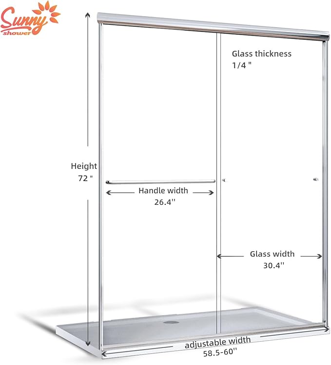 SUNNY SHOWER 60 in.W x 72 in.H Glass Shower Door, Semi Frameless Double Sliding Shower Door, 1/4" Clear Glass, Chrome Finish