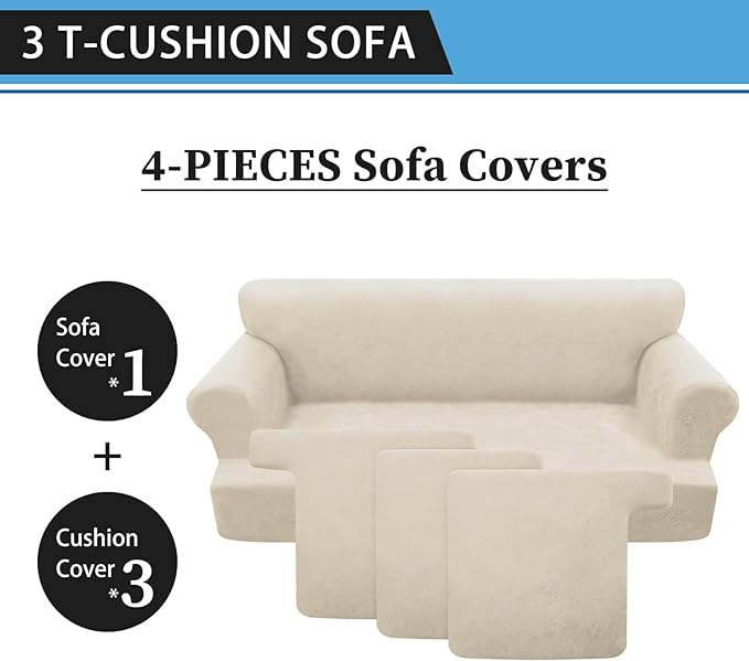 4-Pieces T Cushion Sofa Slipcovers Leather Look Couch Cover for 3 Cushion Couch Furniture Protector Stretch Sofa Cover with 3 Individual T Cushion Seat Covers Washable, Beige