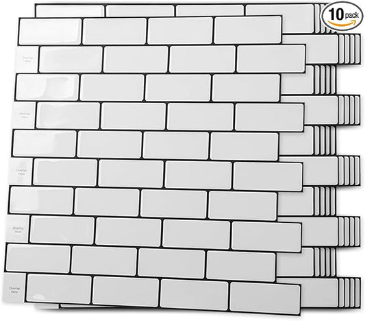 Art3d 10-Sheet Peel and Stick Backsplash Tile for Kitchen - 12”×12” Stick on Wall Tile for Kitchen Bathroom Countertop Living Room, Warm White with Black Grout
