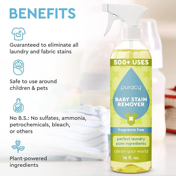 Puracy Natural Baby Laundry Stain Remover, Enzyme Odor Eliminator, Free & Clear 16 Fl Oz and Laundry Stain Remover Brush for Tough Stains, Effective Stain and Odor Eliminiation Bundle