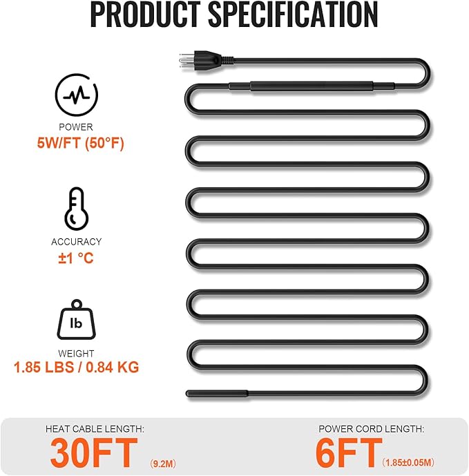 VEVOR Self-Regulating Pipe Heating Cable, 30FT 5W/FT Heat Tape for Pipes, Roof Snow Melting De-icing, Gutter and Pipe Freeze Protection